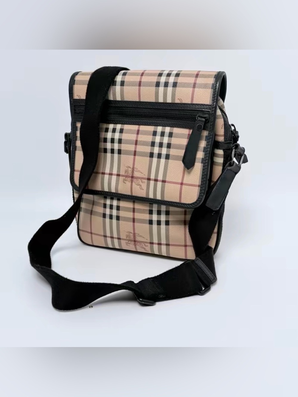 Burberry Beige Check Messenger Bag with Black Trim